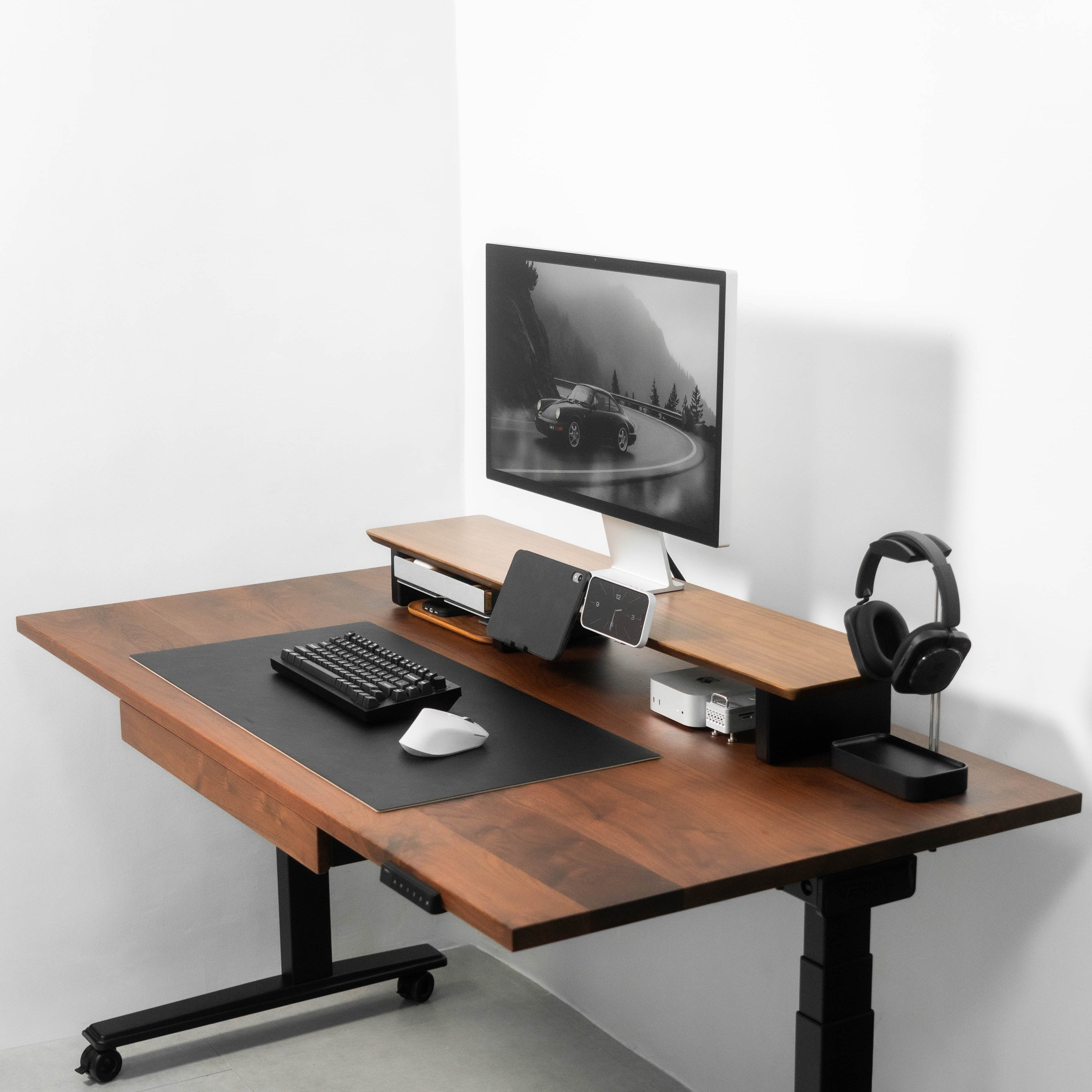 Desk Shelf Setup Cockpit Dual Monitor Stand | Walnut Wood