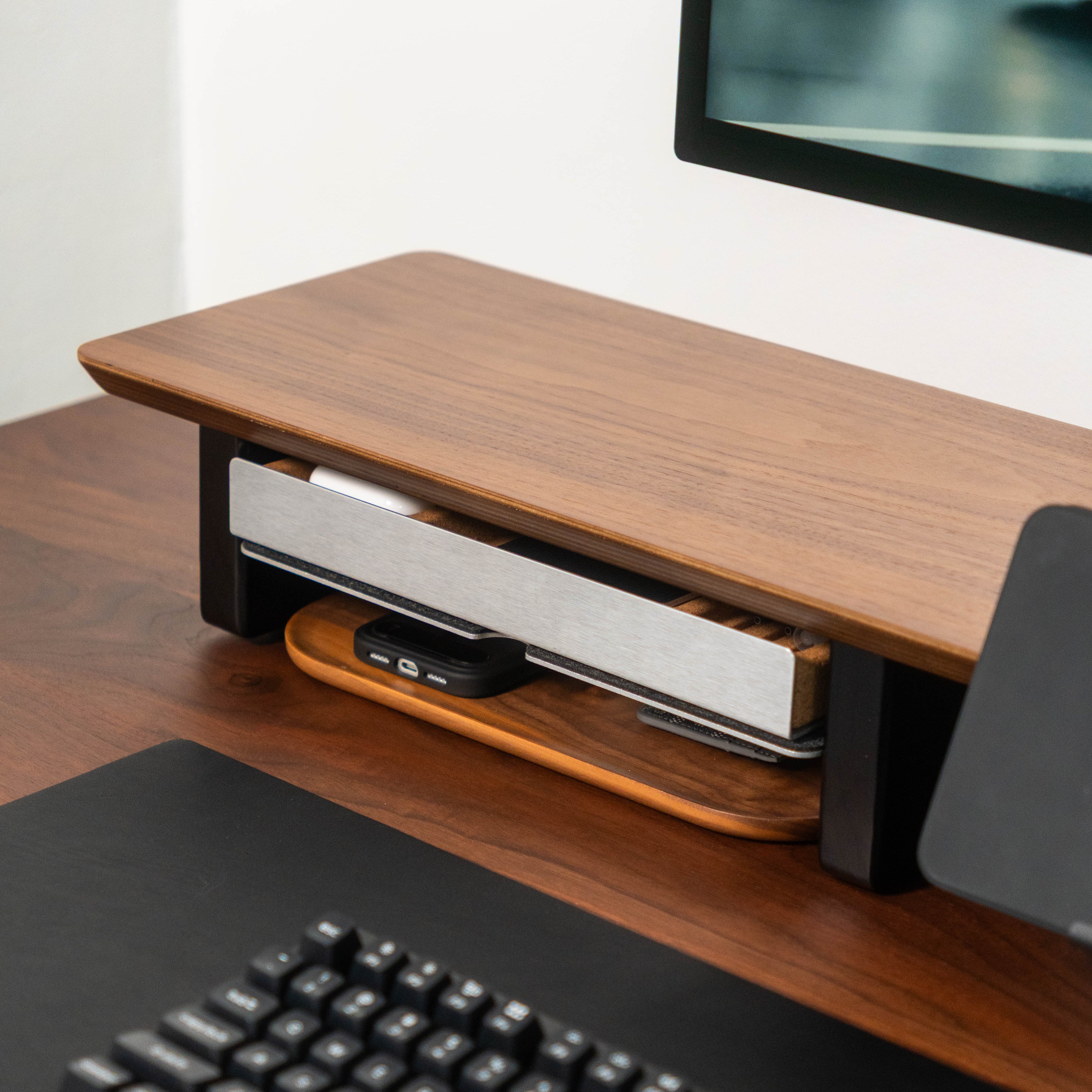 Desk Shelf Setup Cockpit Dual Monitor Stand | Walnut Wood