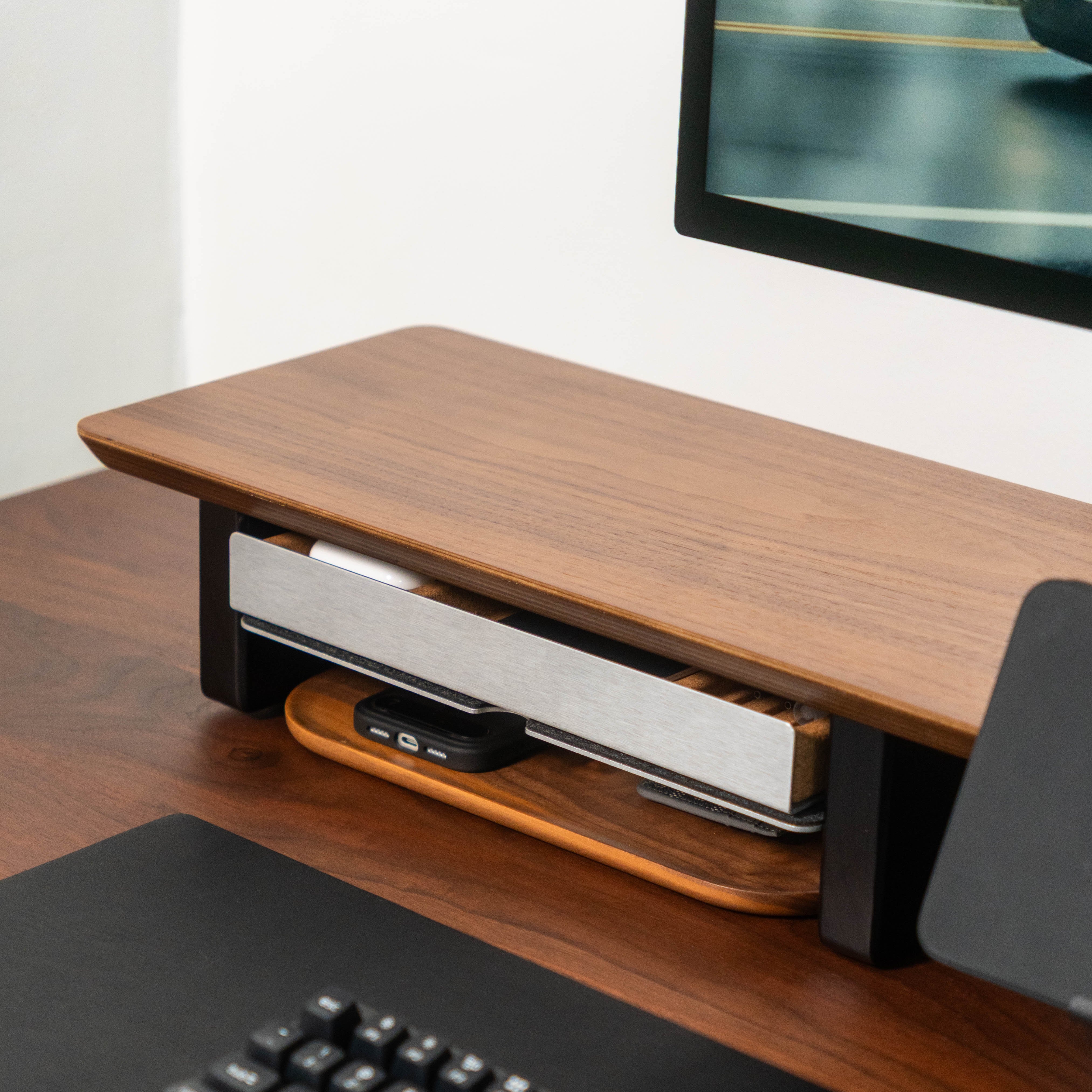 Desk Shelf Setup Cockpit Dual Monitor Stand | Walnut Wood