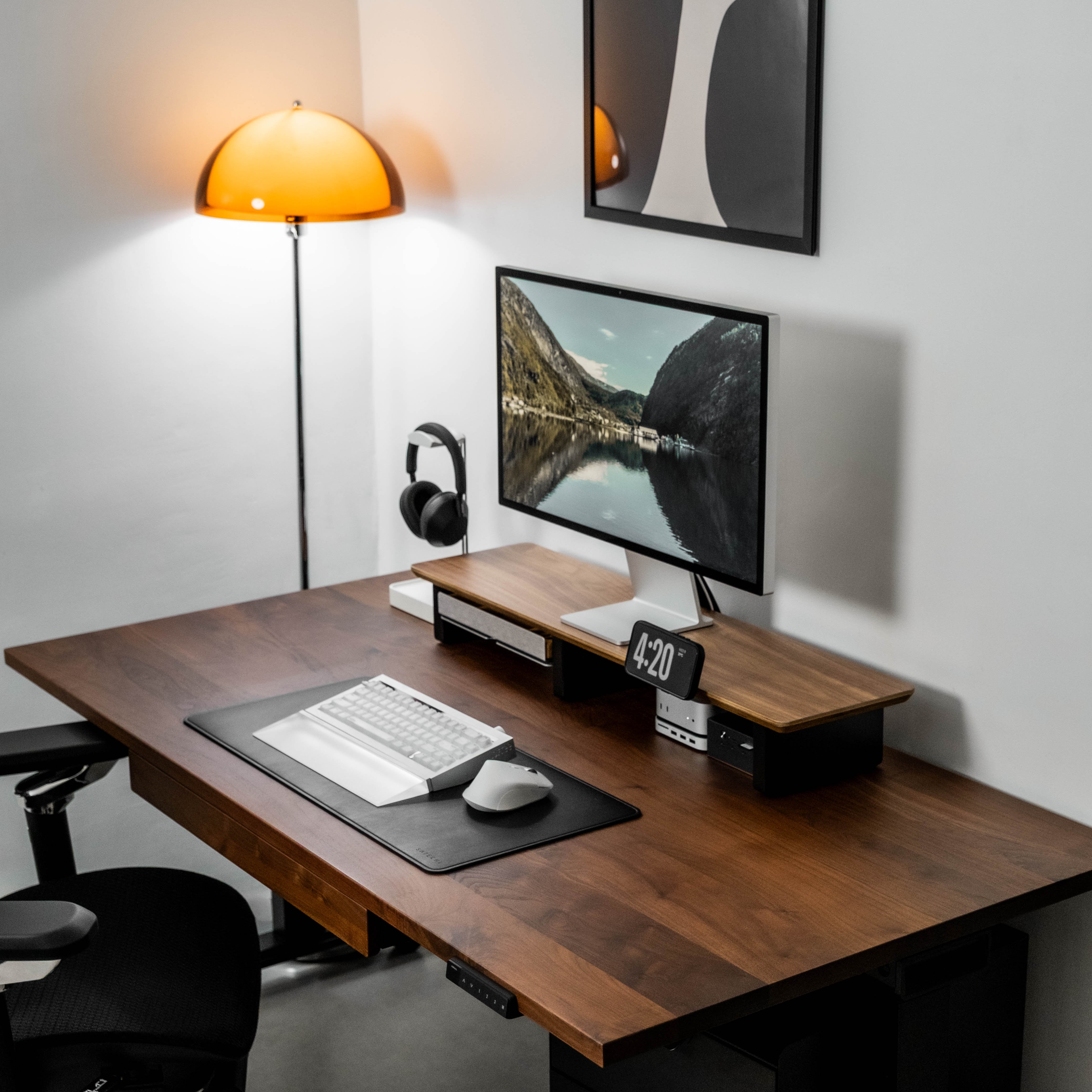 Desk Shelf Setup Cockpit Dual Monitor Stand | Walnut Wood