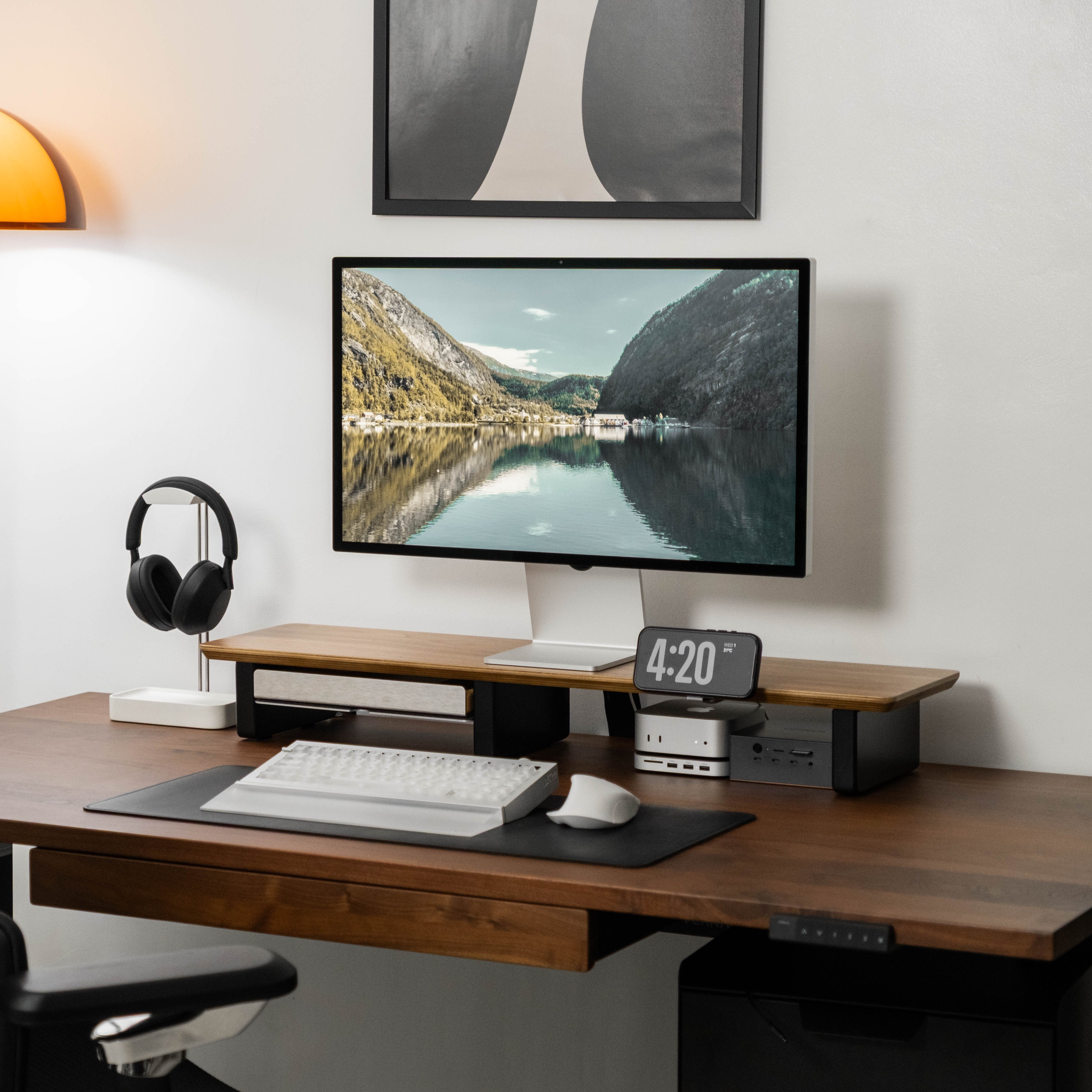 Desk Shelf Setup Cockpit Dual Monitor Stand | Walnut Wood
