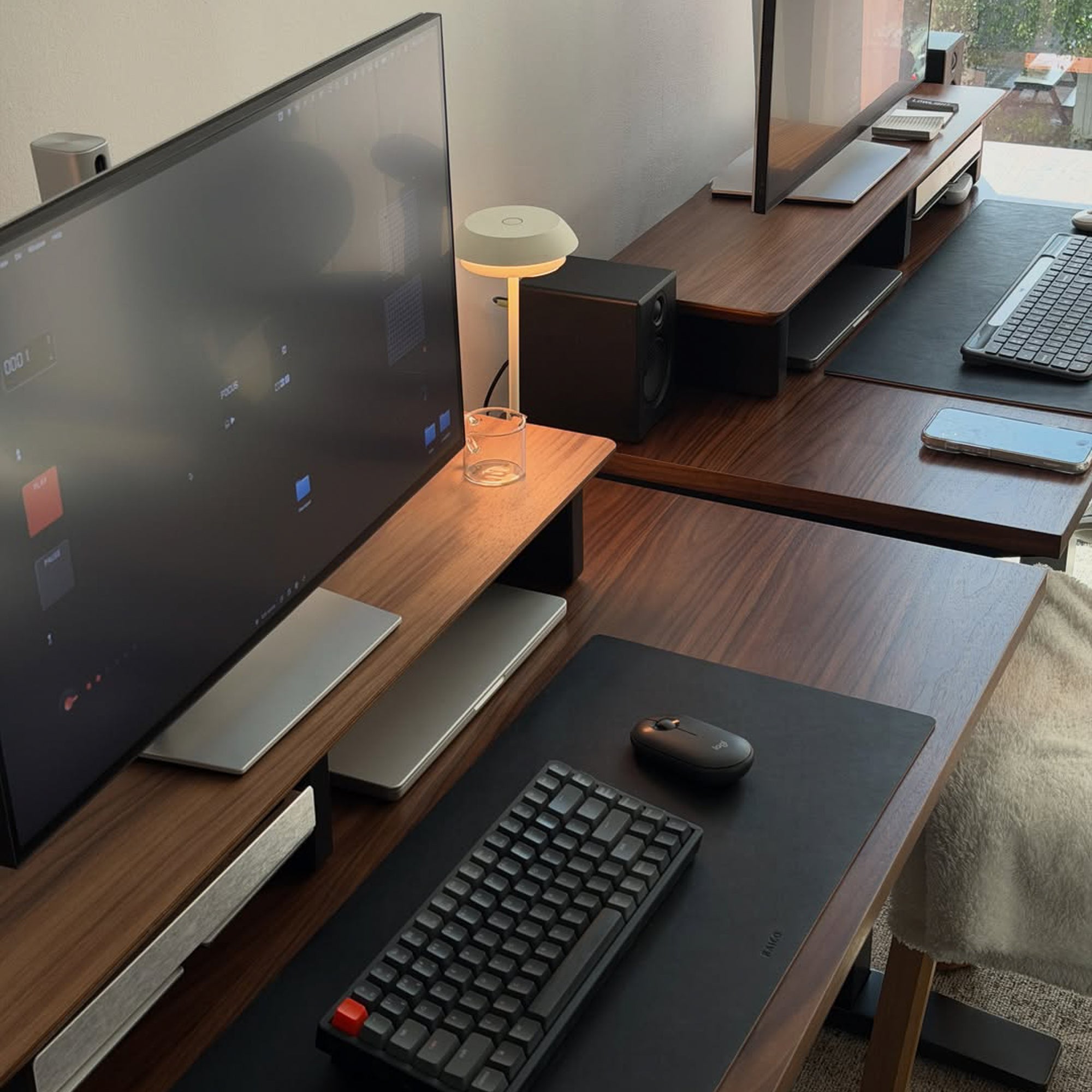 Desk Shelf Setup Cockpit Dual Monitor Stand | Walnut Wood