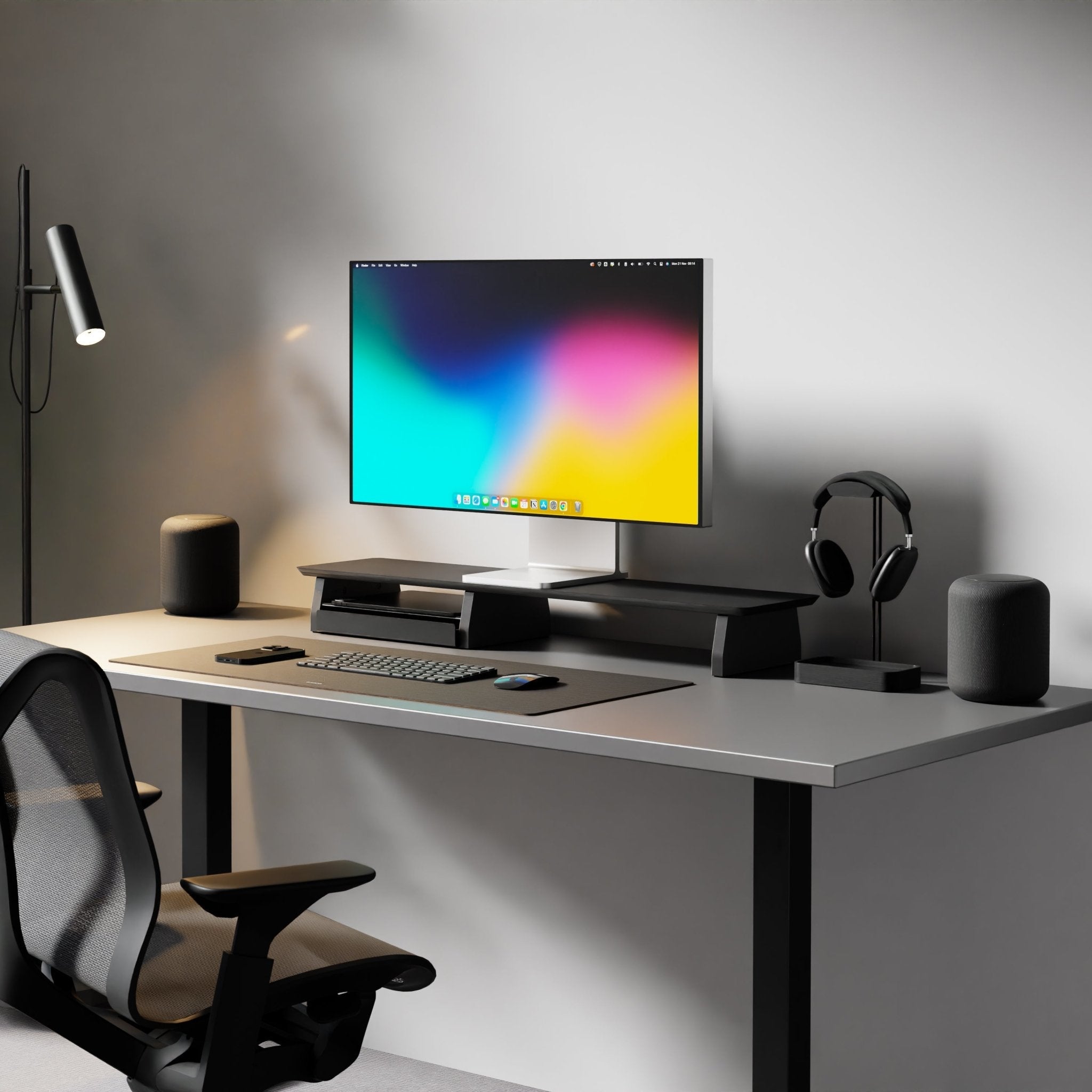 modern desk setup with this black desk shelf for monitor stand, black leather desk mat & headphone stand. An alternative to the popular Grovemade design, this monitor stand provides extra storage and organization for your desk while also elevating your screen to a more ergonomic height