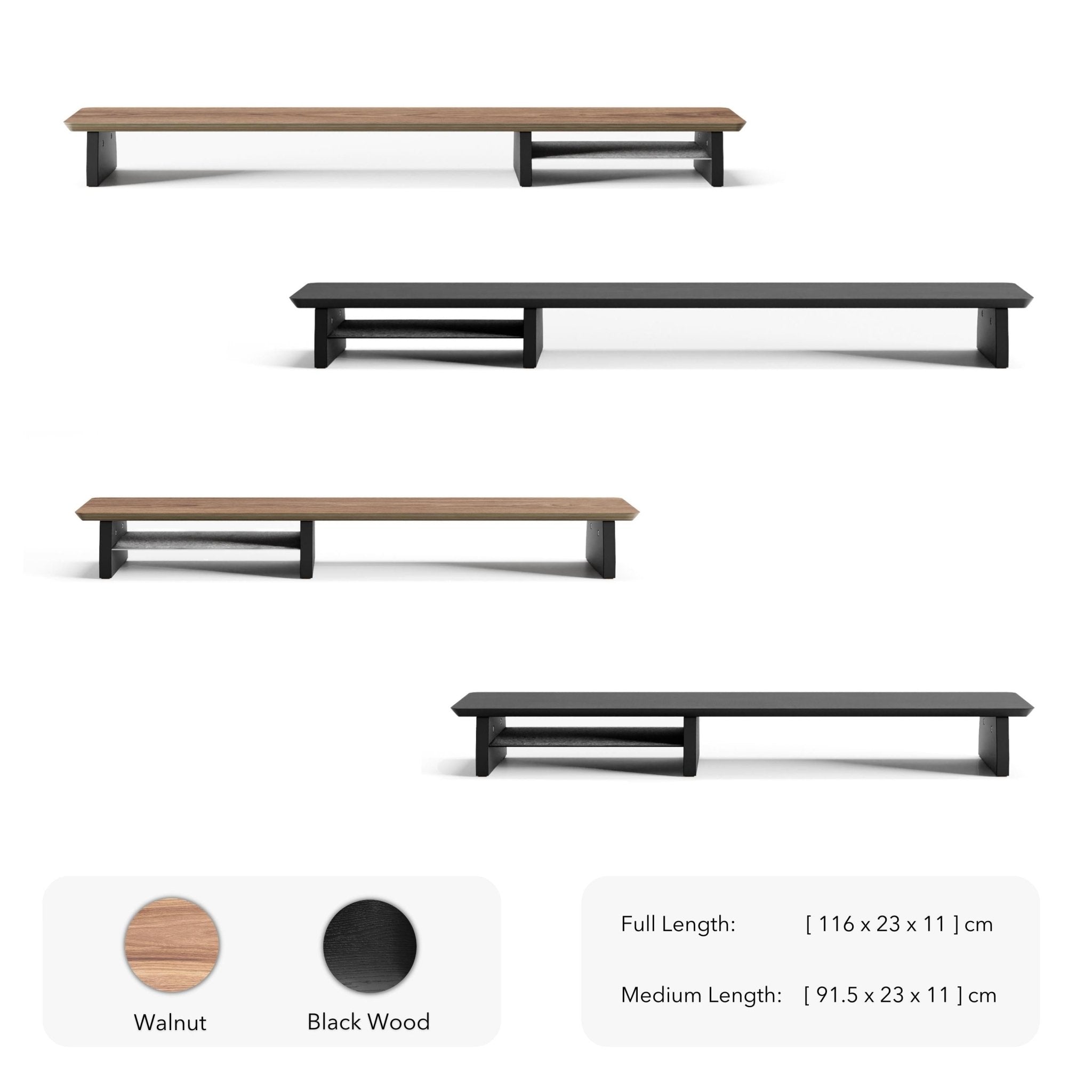 Raico desk shelf is available in 2 colours; walnut and black. Raico monitor stand also comes in 2 different sizes; Full length in 116 cm width and medium size 91.5 cm width